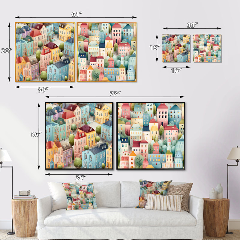Soft Pastel Color Nordic Building Collage - Abstract Square Collage Set Of 2, 16" H x 33" W, Black Floater Framed