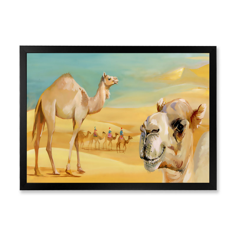 Chameaux dans le désert - Peinture sur toile, H 16 po x l 32 po x P 1,5 po, Toile avec cadre noir