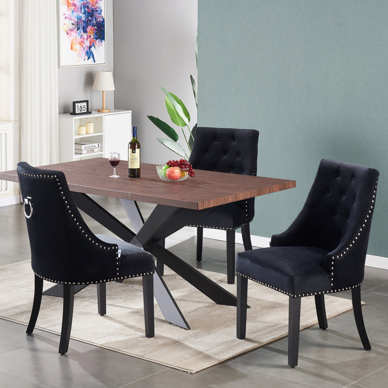 Trista 6 Person Dining set - a Rectangular Wooden Dining Table with Metal Legs and a Set of 6 Quilted Ring Knocker Velvet Dining Chairs for Dining Room - Modern Dining Table Set