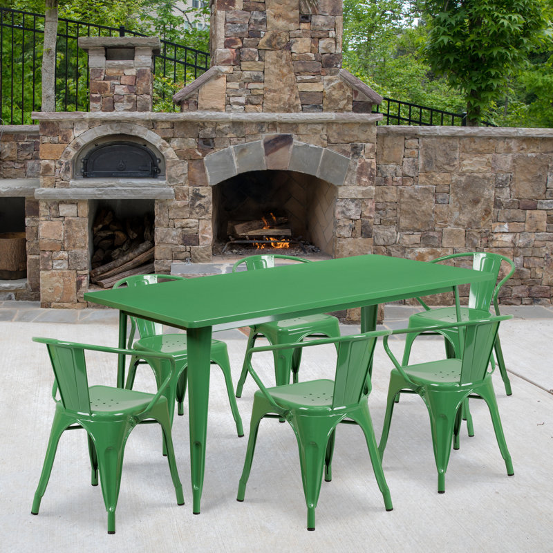 Lubron 31.5'' x 63'' Rectangular Metal Indoor-Outdoor Table Set with 4 Arm Chairs, Green, 7