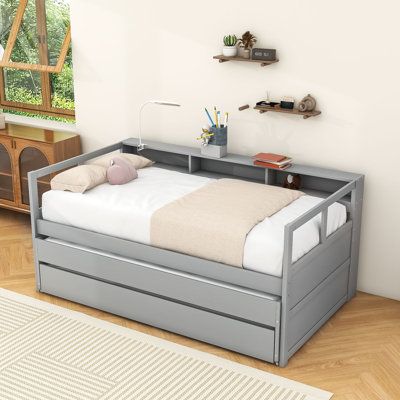 Wood Twin XL Daybed with 2 Twin Trundles, Shelves, Light and USB Ports