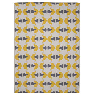 Kivett Midcentury Ivory and Yellow Indoor Outdoor Machine Washable Rug