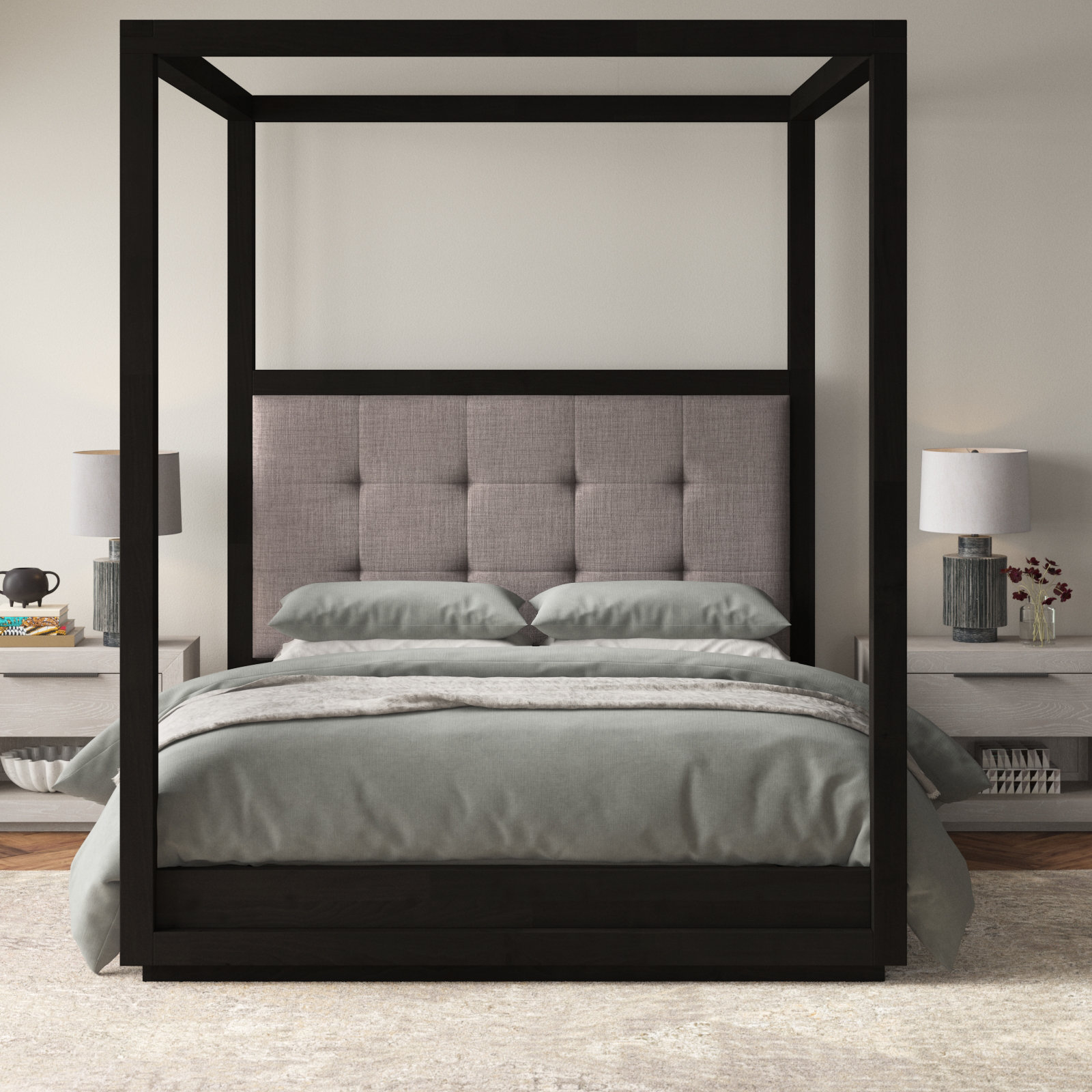 Eloise Upholstered Canopy Bed, King, Bella Gray