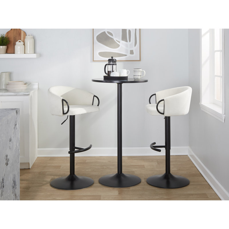 Set of 2 Adjustable Black Metal and Cream Velvet Swivel Barstools