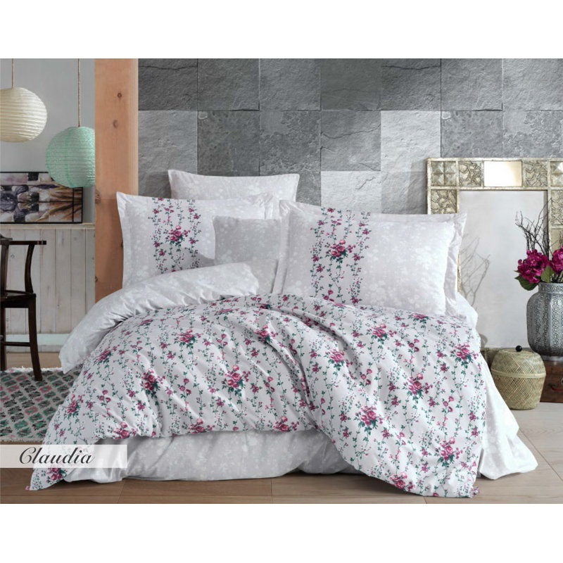 Ensemble de housse de couette 100% coton Croyle blanc / rouge / vert, Housse de couette double TG + 3 pièces supplémen