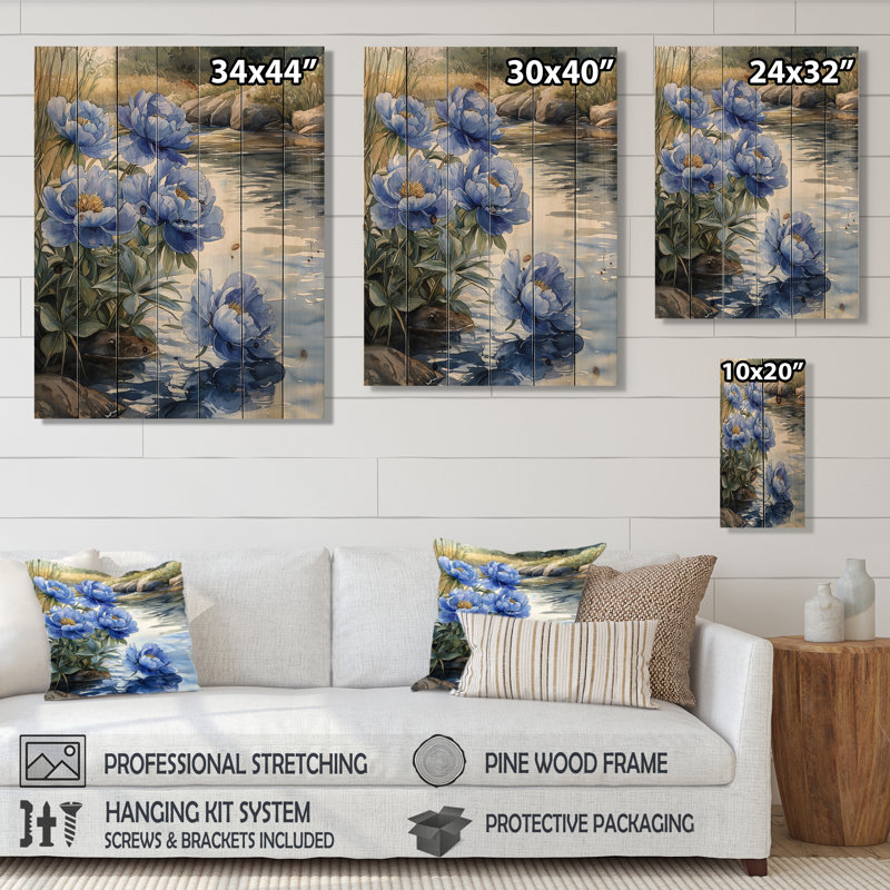 Bleuet bleu pivoines au bord de la rivière I - Art mural en bois pivoines - sur bois de pin naturel