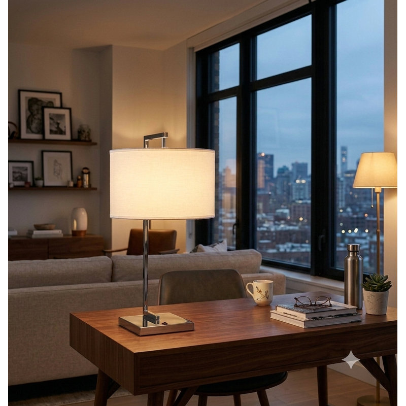 1-Light Polished Chrome Table Lamp With A White Drum Shade
