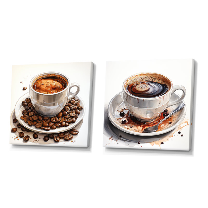«Brown Coffee Cup Temptation I», ensemble de 2 impressions murales café, Toile tendue, H 30 po x l 61 po x P 1 po