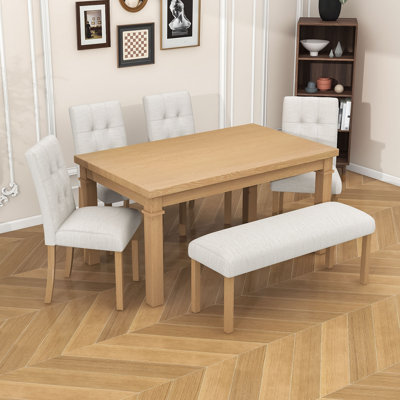 6-Piece Wooden Dining Set with Upholstered Chairs and Bench