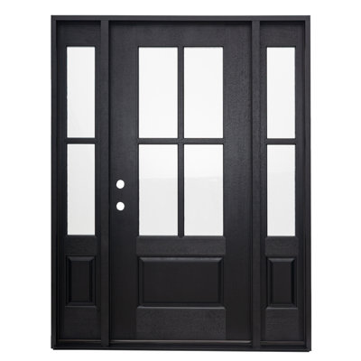 Porte d'entrée en fibre de verre avec 2 panneaux latéraux, porte d'entrée texturée en acajou, verre de pluie Low-E