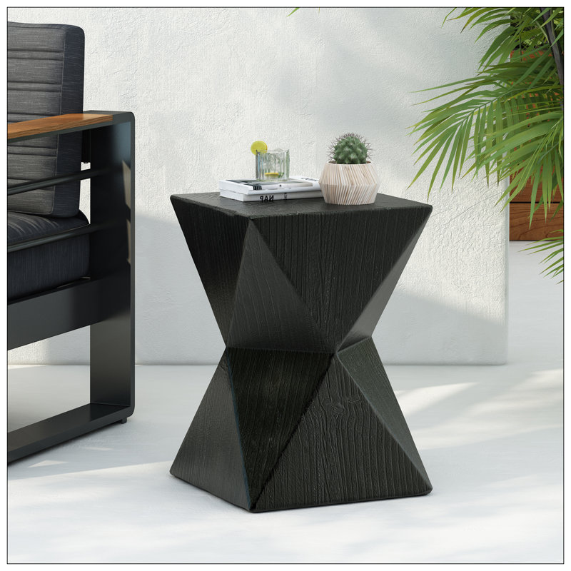 Table d'appoint 14,25 po en béton noir avec texture rustique sculptée à la main et forme symétrique unique - Résistant aux intempéries pour le patio, le jardin ou le balcon