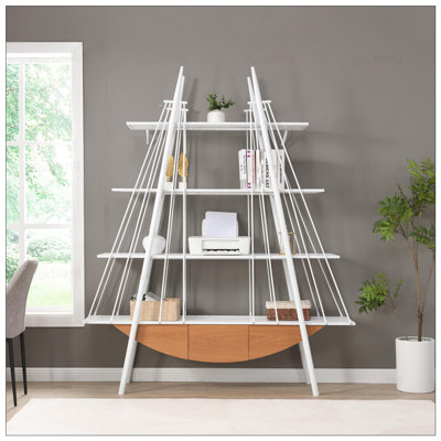 Sailboat-Inspired Bookshelf, 4-Tier Open Storage Shelf With Drawer, Wooden And Metal Freestanding Bookcase, Sturdy Display Rack For Living Room, Office, And Home Decoration