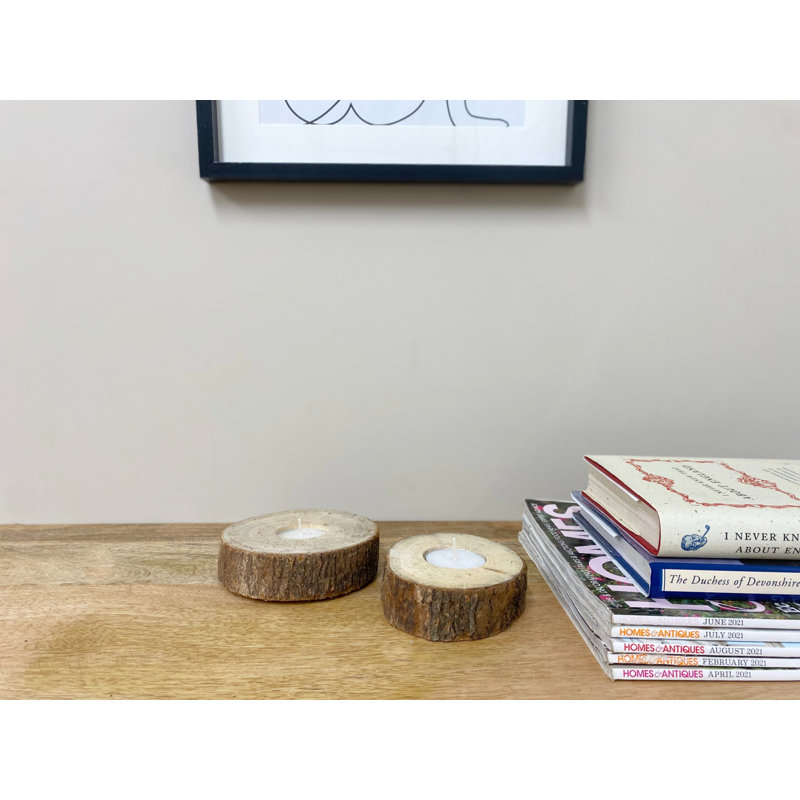 2 Piece Wood Tabletop Tealight Holder Set with Candle Included