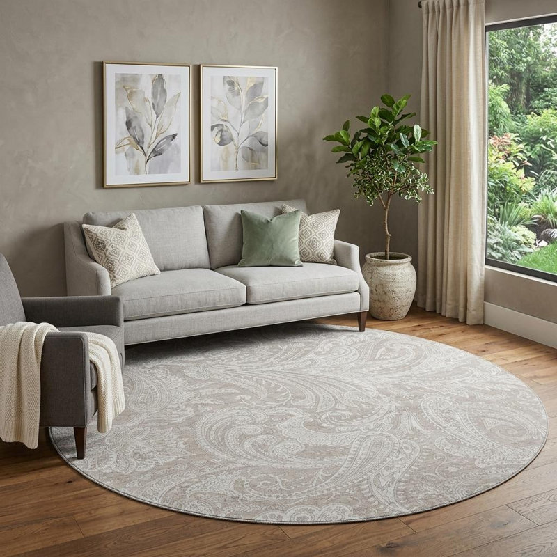 Tapis rond lavable en cachemire 8 pi taupe et ivoire avec protection UV