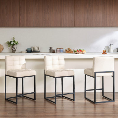Modern Counter Height Bar Stools, 25 inch Checkered Wiring Thick Upholstered Barstools with Back Sturdy Metal Legs, Beige Faux Leather Counter Stools for Kitchen Island (Set of 3)