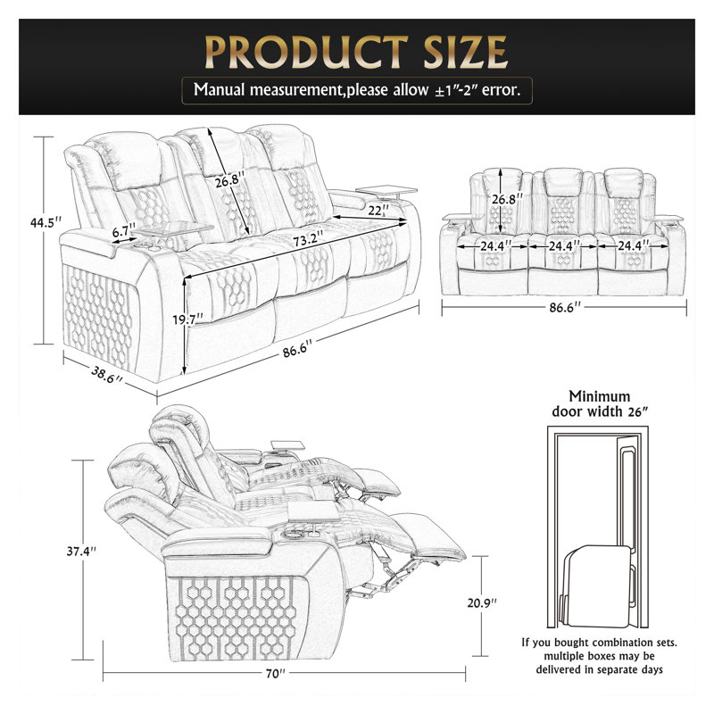 Ensemble de canapé inclinable électrique 86,6 po en cuir Nappa grain de café avec appuis-tête réglables