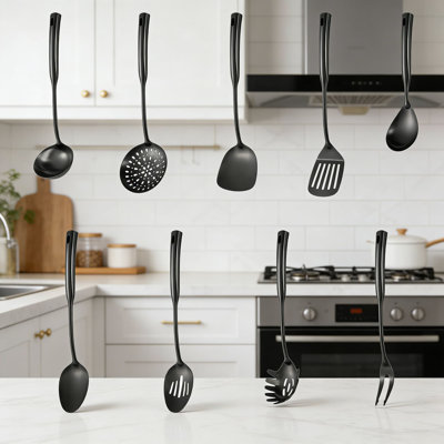 Professional 9-Piece Stainless Steel Kitchen Utensil Set With Extended Heat-Resistant Handles - Includes Skimmer, Ladle, Spatula, Slotted Spoon, Meat Fork And More For Cooking And Serving