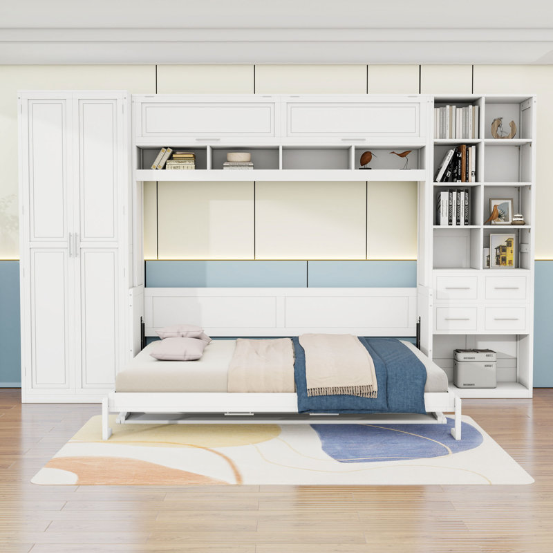 Lit escamotable en bois avec 2 tiroirs, tablettes et garde-robe, Blanc, Grand