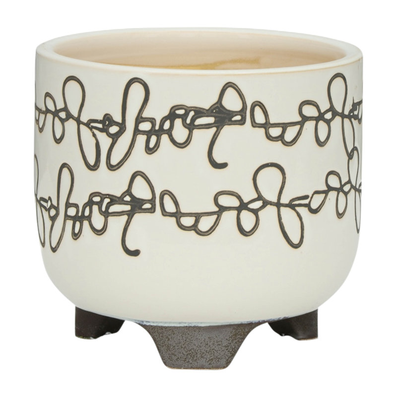 CERAMIC 6/8" SCRIBBLE FOOTED PLANTER, BEIGE