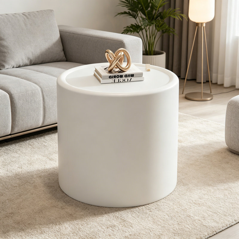Table basse ronde avec plateau en verre trempé et rangement caché, Cream White