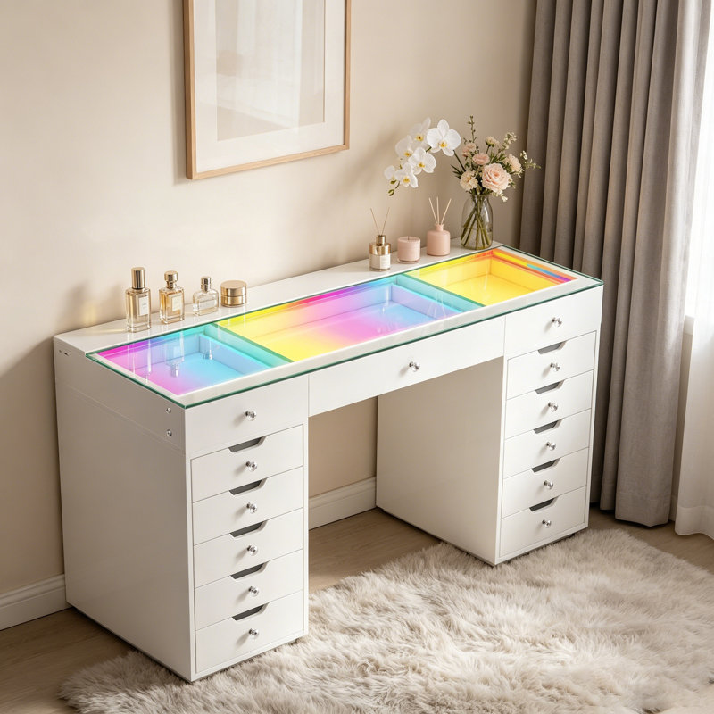 Paten Makeup Vanity HD Glass Top Built-in LED Light Strips Large 13 Drawers Diamond Handles USB and Type-C, White