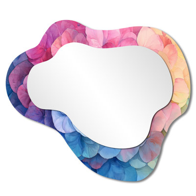 «Colorful Hydrangea Swirl I» - miroir asymétrique irrégulier, miroir mural traditionnel, imprimé sur métal