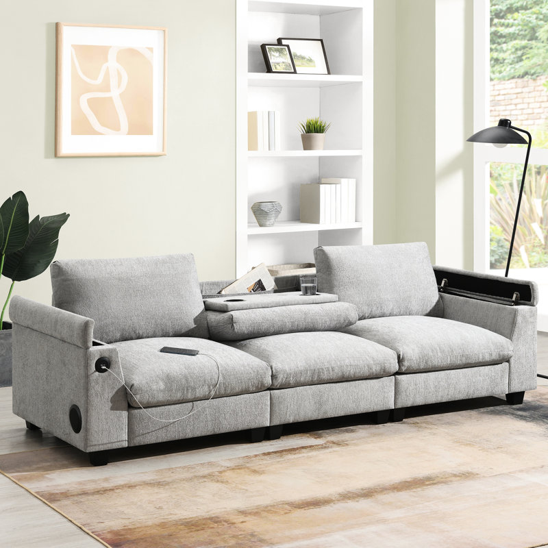 Canapé en chenille avec porte-gobelets, rangement pour accoudoirs cachés et rangement pour table modulaire, haut-parleur