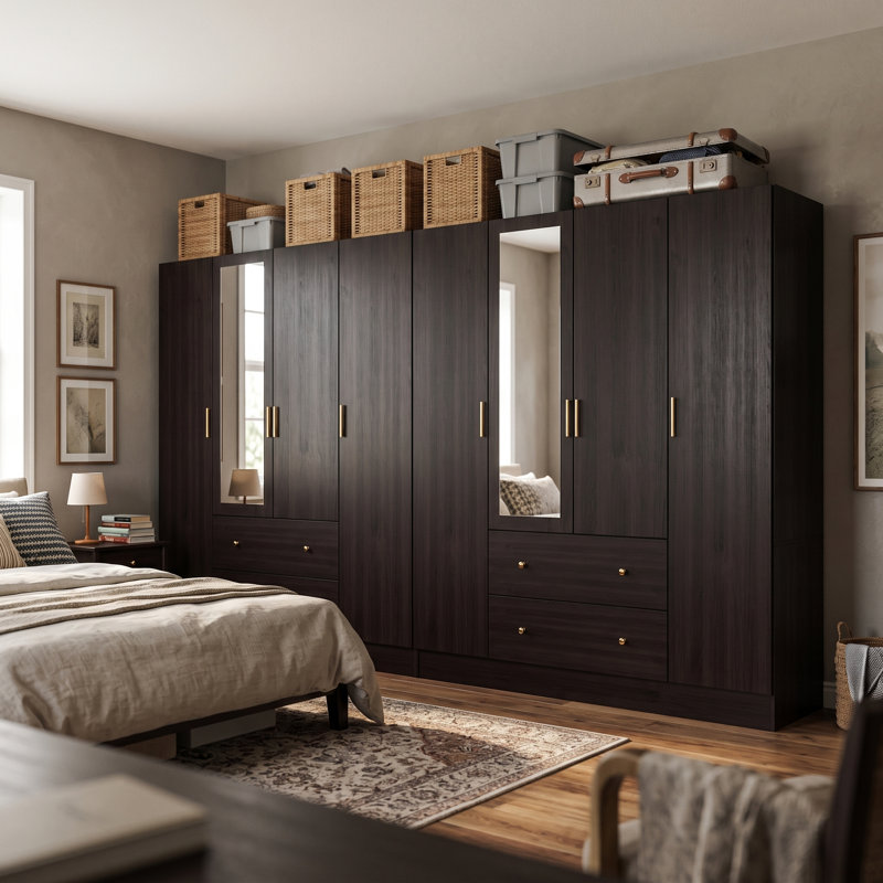 Roylee 70.9'' H X 126'' W X 19.7'' D 8 Door Armoire with Drawers & Mirrors, Black Brown