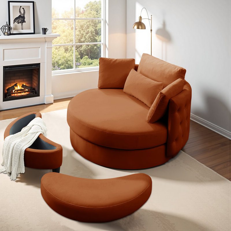 360° Swivel Accent Barrel Chairs With Removable Ottoman, Chaise Lounge Indoor With Neck Support Pillow, Swivel Chairs For Living Room, Oversized Chair With Ottoman