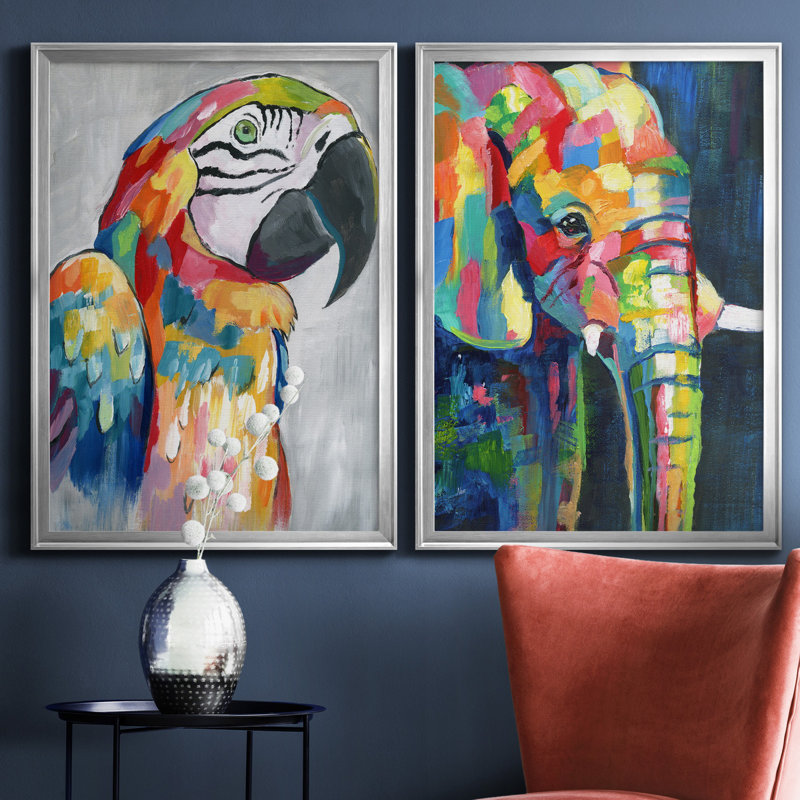 «Vibrant Parrot», ensemble de 2 reproductions d'impressions, H 18,5 po x l 49 po x P 1,5 po, Toile encadrée argentée