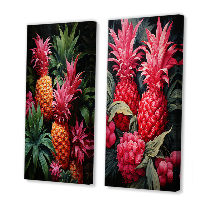 Rustic Pink Pineapple Impression I - ensemble de 2 décorations murales ananas, H 28 po x l 25 po, Toile tendue