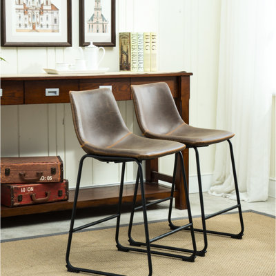 2 tabourets de comptoir en cuir rétro vintage en cuir fait à la main avec sièges moulés en plastique, bravoure en fer noir, l 18,5 po x P 21,5 po