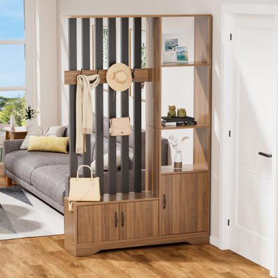 Arbre d'entrée en bois avec banc à chaussures, armoires de rangement réglables, 4 crochets à manteau et tablettes ouvertes. Paravent anti-basculement pour le couloir, le salon et la chambre à coucher, noyer