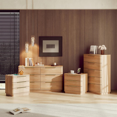 Ensemble de commode et table de chevet, ensemble de chambre à coucher 4 pièces, commode 6 tiroirs, commode haute 5 tiroirs et tables de chevet 3 tiroirs, ensemble de chambre à coucher, chêne naturel