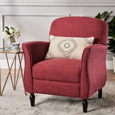 Fauteuil rouge avec revêtement traditionnel, passepoil moyen, pieds tournés polis et accoudoirs rétro incurvés, 27,22 po Profondeur x 30,7 po, largeur 33,84 po