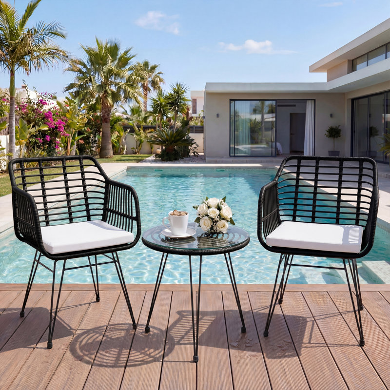 3-Piece Wicker Patio Bistro Set - 2 Rattan Chairs & Glass Top Table, Perfect for Porch, Balcony, Backyard, Apartment & Outdoor Spaces