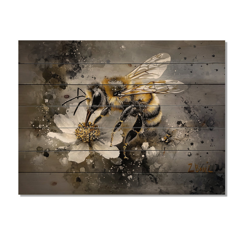 Abeille délicate fleur - décoration murale moderne en bois sur bois de pin naturel, H 10 po x l 20 po