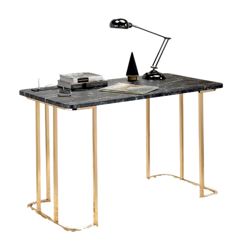 Bureau contemporain en faux marbre avec prise USB et prise de courant, cadre en acier plaqué or pour bureau à domicile moderne