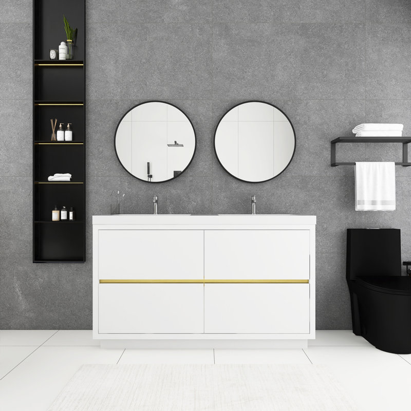 60 po Meuble-lavabo autoportant brillant avec double lavabo, Blanc