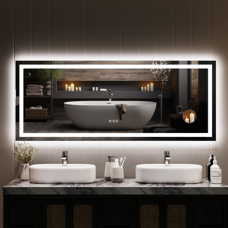 Miroir de salle de bain avec lumières, à intensité variable, anti-buée, rétro-éclairé et éclairé à l'avant, miroir de salle de bain intelligent pour mur, fonction mémoire, incassable (horizontal / vertical)