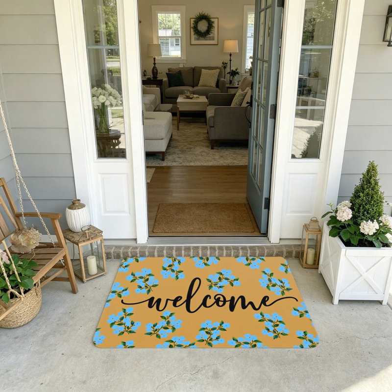 Paillasson Blue Floral Welcome Home, 20 po x 32 po, intérieur et extérieur