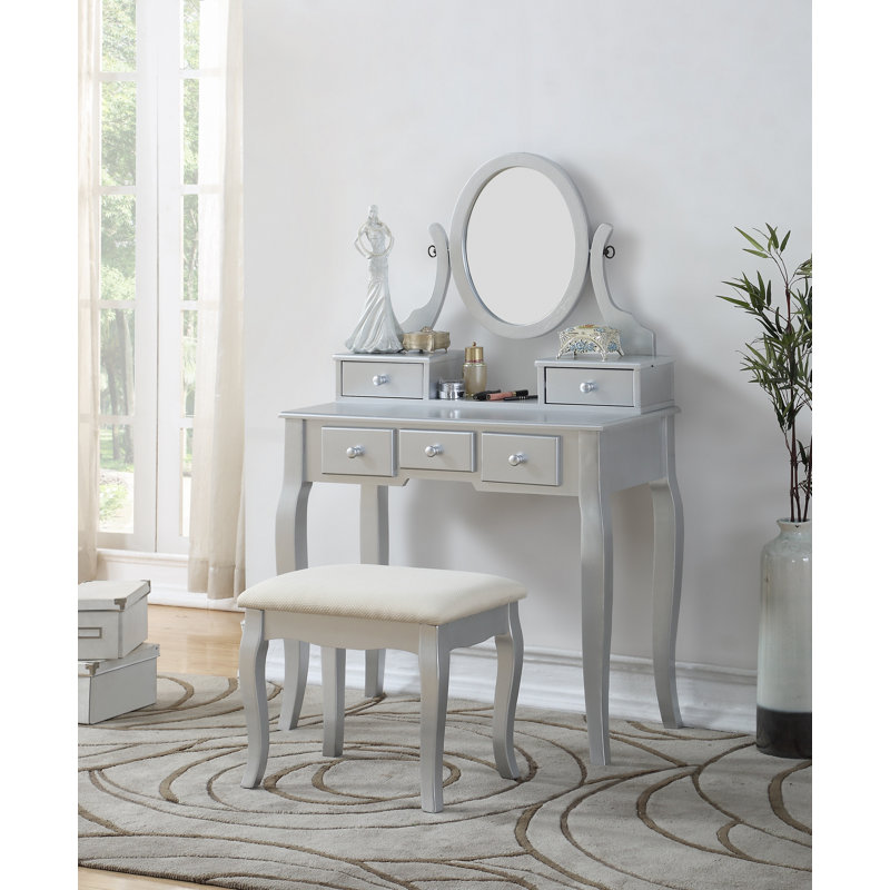 Wood Make-Up Vanity Table And Stool Set, Silver