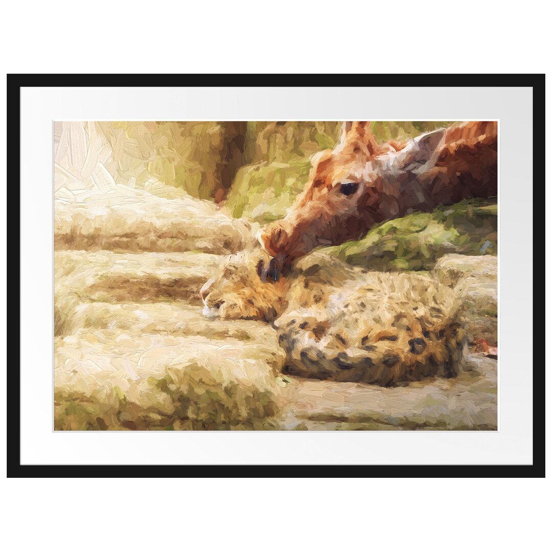 Gerahmtes Papierbild Leopard und Giraffe