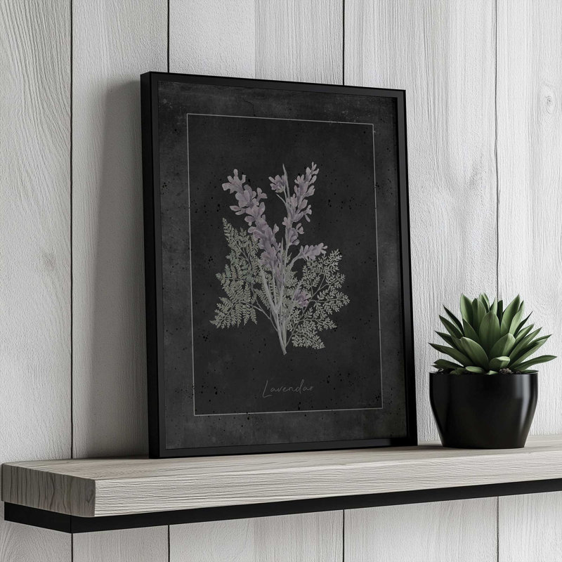 «Lavendar Botanical on Black» par Cindy Jacobs, reproduction d'art, L 30 x H 40, Noir, Impression encadrée