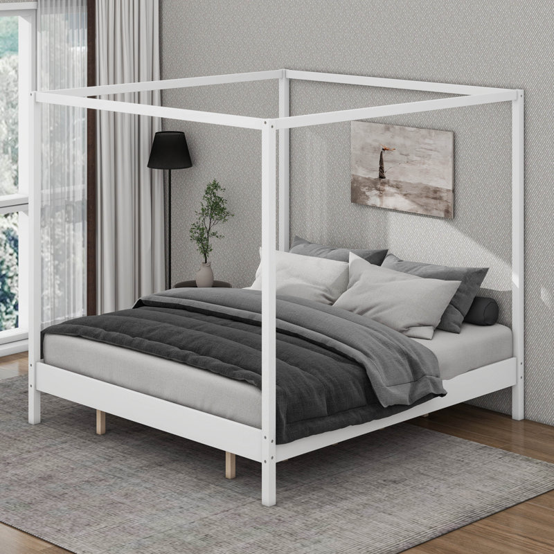  Modern Mid-Century Canopy Bed, White, King