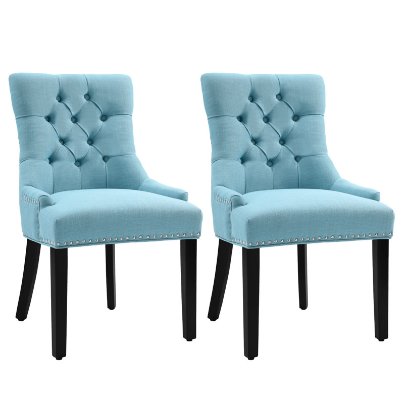 Berenis Tufted Linen Upholstered Elegant Dinning Chair, Light Blue, Black
