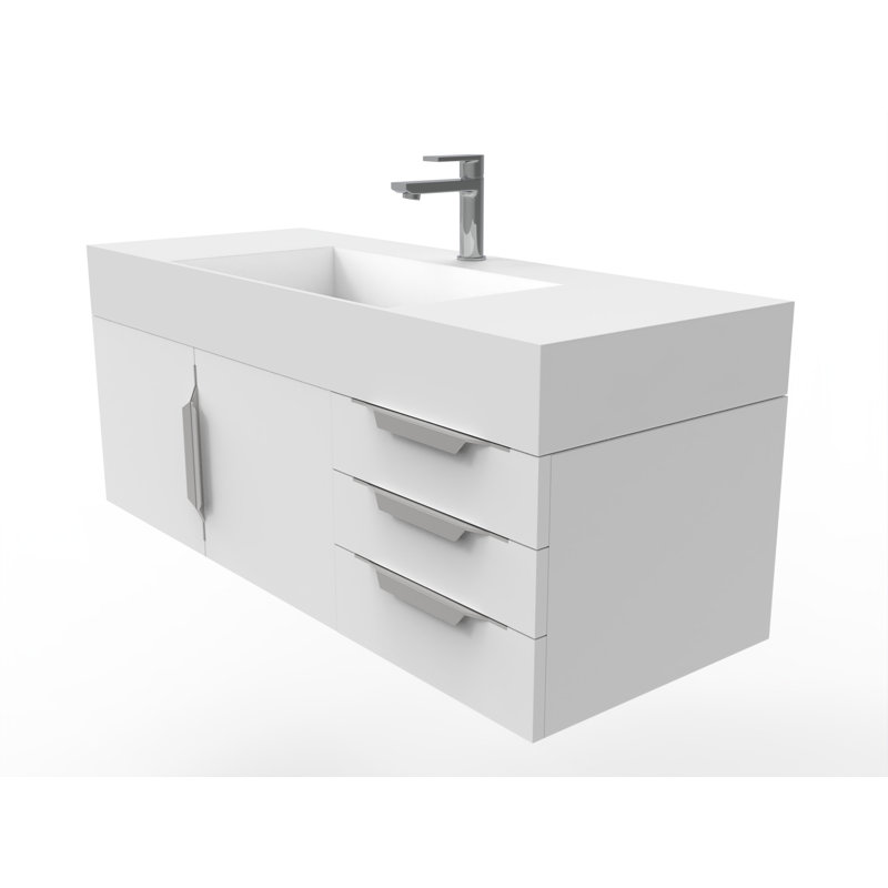 Meuble-lavabo mural simple 48 po avec comptoir à surface solide - base blanche, plateau blanc, poignées chromées, Blanc