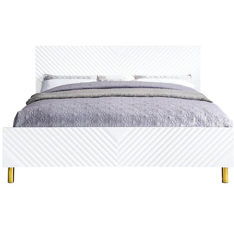 Lit Ek en métal blanc ultrabrillant - sans sommier, entièrement en k, motif à vagues, 39 lattes incluses, 4 pieds de support, capacité de 660 lb avec le ressort nécessaire, conception, lattes, charge