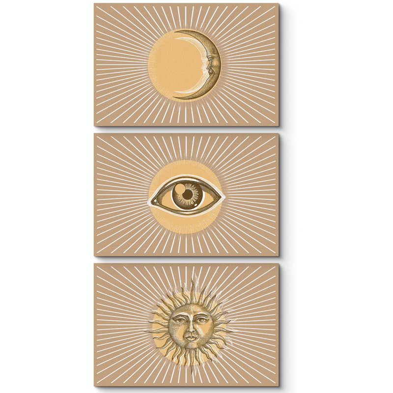 "Soleil, lune et œil avec lignes lumineuses" 3 pièces, Toile tendue, H 24 po x l 36 po