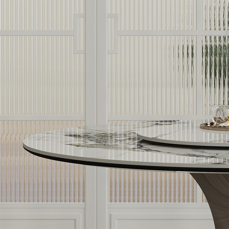 Ensemble de table de salle à manger de 59 po en pierre frittée ronde avec base en sablier en acier inoxydable et 6 chaises rembourrées